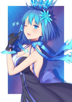 1girl bare_shoulders black_dress blue_eyes blue_hair border breasts c.i.e.l_(fate) ciel_(tsukihime) cleavage cowboy_shot dress fate/grand_order fate_(series) highres large_breasts one_eye_closed solo soukitsu star_ciel_(fate) tsukihime white_border