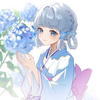 1girl absurdres alternate_costume ayaka_(genshin_impact) blue_eyes blue_flower blue_kimono blunt_bangs bow braid braided_hair_rings chinese_commentary closed_mouth commentary_request flower genshin_impact grey_eyes grey_hair hair_ornament hair_rings highres holding hydrangea japanese_clothes kamisato_ayaka kamisato_ayaka_(springbloom_missive) kimono long_sleeves looking_at_viewer mole mole_under_eye sash simple_background smile solo upper_body white_background white_kimono wide_sleeves yonghu_shigeren