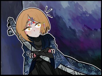 1boy against_tree black_pants black_shirt black_sleeves blonde_hair blue_haori blue_sleeves bright_pupils cheongignorance closed_mouth commentary_request facial_mark floral_print_sleeves forehead_mark hakama hakama_pants haori highres holding holding_sword holding_weapon japanese_clothes korean_commentary layered_sleeves leaning_to_the_side limbus_company long_sleeves looking_at_viewer male_focus notice_lines pants parted_bangs pinky_(identity)_(project_moon) pleated_pants project_moon sheath sheathed shirt short_over_long_sleeves short_sleeves sinclair_(project_moon) sitting solo sword sword_tassel tassel tic-tac-toe tree undershirt waking_up weapon white_pupils wide-eyed yellow_eyes