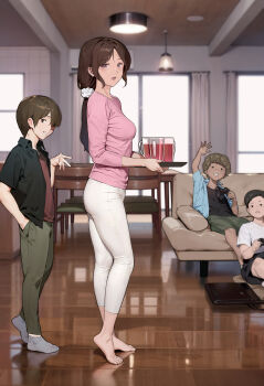 1girl 3boys absurdres age_difference ass barefoot blurry blurry_background breasts chinese_commentary commentary_request controller couch curtains day drink feet from_side game_controller glass highres holding holding_controller holding_drink holding_plate imminent_netorare indoors legs living_room long_hair long_sleeves looking_at_viewer mature_female medium_breasts multiple_boys no_shoes on_couch on_floor open_mouth original pants partial_commentary pink_shirt plate playing_games reflection revision rumi_(yewang19) shirt short_hair sitting standing toes walking white_pants window wooden_floor yewang19