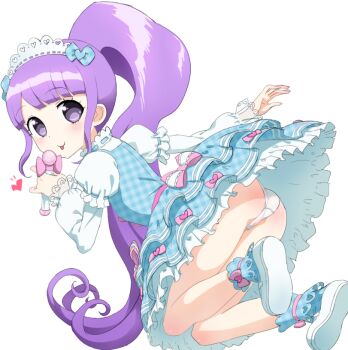 1girl :p ass blush dress heart holding holding_microphone idol_land_pripara loli long_hair looking_at_viewer manaka_non microphone panties pantyshot polpol ponytail pretty_series pripara purple_eyes purple_hair smile solo tongue tongue_out underwear white_panties