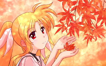 1girl autumn autumn_leaves blonde_hair blurry blurry_background closed_mouth day dot_nose fate_testarossa feet_out_of_frame female_focus hair_ribbon leaf long_hair looking_at_viewer lyrical_nanoha mahou_shoujo_lyrical_nanoha outdoors red_eyes ribbon school_uniform smile solo standing upper_body