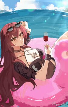 1girl adjusting_eyewear alcohol bikini black_bikini blue_sky breasts brown_hair commentary cup detached_sleeves drinking_glass eden_(flowing_rhyme)_(honkai_impact) eden_(honkai_impact) highres holding holding_cup honkai_(series) honkai_impact_3rd innertube large_breasts long_hair looking_at_viewer ocean official_alternate_costume orange_eyes outdoors partially_submerged red_wine sky smile solo sunglasses swim_ring swimsuit twitter_username very_long_hair wine wine_glass yundrawingz