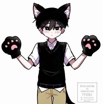 1boy animal_ears animal_hands black_eyes black_hair black_sweater_vest blush brown_shorts cat_boy cat_ears cat_paws cat_tail closed_mouth collared_shirt double-parted_bangs grey_background hair_between_eyes highres kemonomimi_mode kiimorisame looking_at_viewer male_focus omori shirt short_hair short_sleeves shorts simple_background solo sunny_(omori) sweater_vest tail twitter_username watermark white_shirt