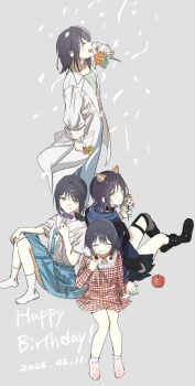 Rule 34 | 4girls, animal ears, apple, birthday, black choker, black hair, blue flower, blue hair, blue hoodie, blue nails, blue skirt, cho kaguya-hime!, choker, closed eyes, commentary, dated, dress, flower, food, forehead jewel, fox ears, fruit, genkounikki01, green eyes, grin, happy birthday, highres, holding, holding flower, hood, hoodie, lab coat, long sleeves, mole, mole under eye, multicolored hair, multiple girls, multiple persona, open mouth, orange flower, plaid clothes, plaid dress, sailor collar, sakayori iroha, shirt, short sleeves, sitting, skirt, smile, two-tone hair, white flower, white shirt, yellow flower