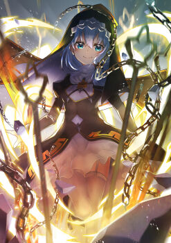 Rule 34 | 1girl, absurdres, black dress, blue eyes, chain, closed mouth, commentary request, dress, garter straps, highres, hiragi sage, holding, holding polearm, holding weapon, honkai (series), honkai impact 3rd, long hair, long sleeves, looking at viewer, nun, polearm, side ponytail, smile, solo, theresa apocalypse, theresa apocalypse (valkyrie pledge), thighhighs, veil, weapon, white hair, white thighhighs