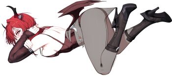 1girl absurdres arknights ass black_pantyhose detached_sleeves high_heels highres horns lace_pantyhose_hooked_on_heel_(meme) long_hair looking_at_viewer medium_hair meme ohkurrva pantyhose purple_eyes red_eyes solo surtr_(arknights) top-down_bottom-up white_background wings