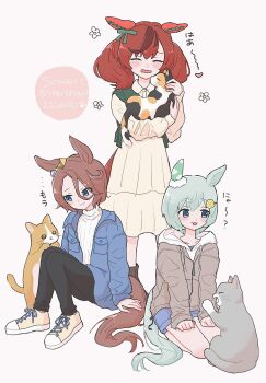 3girls :3 animal animal_ears black_pants blue_eyes blue_jacket blue_shorts blush_stickers boots bow breast_pocket brown_boots brown_hair brown_jacket calico_(pattern) calico_cat cat closed_eyes closed_mouth collarbone commentary_request curled_fingers drawstring dress ear_covers ear_ornament ear_ribbon eyelashes eyes_visible_through_hair flat_chest flower full_body green_hair green_ribbon green_sweater_vest grey_cat hands_on_own_thighs happy_aura heart highres holding holding_animal holding_cat hood hood_down hooded_jacket horse_ears horse_girl horse_tail jacket knees_up long_bangs long_sleeves looking_at_animal looking_down looking_to_the_side loosely_tucked_bangs medium_dress medium_hair multicolored_hair multiple_girls narita_taishin_(umamusume) nice_nature_(umamusume) onigiri_to_imas open_clothes open_jacket open_mouth pants pocket red_hair ribbed_sweater ribbon seiun_sky_(umamusume) shoes short_hair shorts single_ear_cover sitting sleeves_past_wrists smile sneakers spoken_heart standing streaked_hair sweater sweater_vest tail turtleneck turtleneck_sweater twintails two-tone_hair umamusume wariza white_sweater yellow_cat yellow_dress yellow_shoes