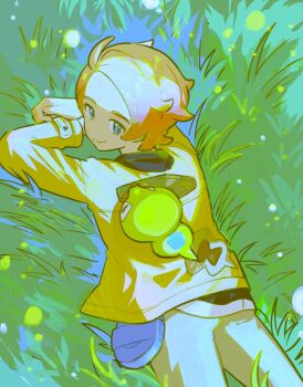 1boy blonde_hair blue_bag blue_eyes closed_mouth commentary gen_6_pokemon grass jacket legendary_pokemon long_sleeves looking_back lying majyo_(witch_poke) male_focus nintendo on_stomach outdoors pants pokemon pokemon_(creature) pokemon_legends:_z-a pokemon_on_back short_hair smile symbol-only_commentary urbain_(pokemon) zygarde zygarde_core
