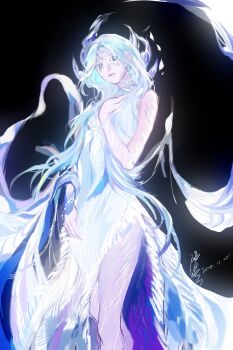 1girl bare_arms bare_legs bare_shoulders black_background blue_dress blue_eyes blue_hair born_flawless_(infinity_nikki) chinese_commentary chunxi_yangquan closed_mouth commentary_request crystal dated dress expressionless facepaint feather-trimmed_dress feather_hair_ornament feathers feet_out_of_frame floating floating_hair hair_ornament hair_over_shoulder hand_on_own_chest hand_on_own_hip highres infinity_nikki knees lips long_dress long_hair looking_at_viewer material_growth nikki_(series) parted_bangs side_slit signature simple_background solo strapless strapless_dress very_long_hair wavy_hair