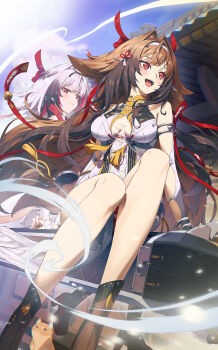 2girls absurdres animal_ear_fluff animal_ears architecture arm_support armlet bare_shoulders black_hair black_shoes blue_sky blush bracelet breasts brown_hair brown_tail cat china_dress chinese_clothes chyko closed_mouth cloud clover clover_hair_ornament collarbone commentary_request dress droopy_ears dual_persona east_asian_architecture floating_hair gradient_hair hair_ornament hairband highres holding_hands jewelry leg_tattoo long_hair looking_ahead medium_breasts metal_bracelet multicolored_hair multiple_girls open_mouth orange_cat outdoors red_eyes red_hair sheath shoes silver_armlet silver_bracelet sitting sky tail tattoo very_long_hair white_dress white_hair white_hairband ye_shunguang zenless_zone_zero