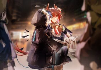 2girls absurdres arknights bag black_gloves black_jacket blurry chinese_commentary commentary_request demon_tail depth_of_field feathers fiammetta_(arknights) gloves halo hand_on_another&#039;s_head highres hood hood_up hooded_jacket jacket light_particles long_sleeves lu_bian_de_yecao_zai_changge mostima_(arknights) multiple_girls pointing red_eyes red_hair shopping_bag tail white_gloves