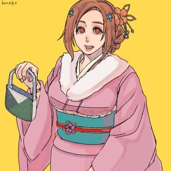 1girl artist_name bag bleach breasts brown_eyes brown_hair flower fur-trimmed_kimono fur_trim hair_flower hair_ornament highres holding holding_bag inoue_orihime japanese_clothes kimono komeko_(strikek-lvvjm27) large_breasts obi open_mouth parted_bangs pink_kimono red_flower sash smile snowflake_hair_ornament solo updo upper_body yellow_background
