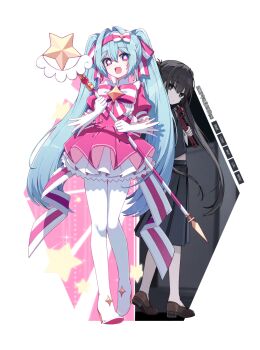 2girls :d black_eyes black_hair blue_hair boots bow bow_hairband bowtie closed_mouth commentary ddangbi dot_nose double-parted_bangs dress frilled_dress frilled_sleeves frills full_body gloves hair_between_eyes hair_intakes hair_ribbon hairband hatsune_miku heart heart-shaped_pupils highres holding holding_wand ima_sugu_rinne_(vocaloid) long_hair looking_at_viewer magical_girl multiple_girls open_mouth pink_bow pink_bowtie pink_dress pink_eyes pink_hairband pink_ribbon ribbon short_sleeves sidelocks simple_background smile standing star_wand striped_bow striped_bowtie striped_clothes striped_ribbon symbol-shaped_pupils thigh_boots timestamp twintails very_long_hair vocaloid wand white_background white_boots white_gloves