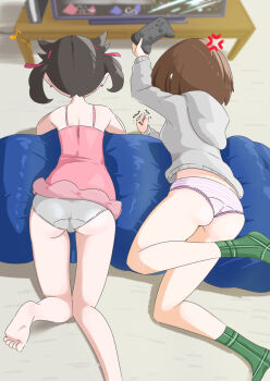 2girls anger_vein ass barefoot black_hair brown_hair clenched_hand clothes_lift controller dress dress_lift earrings facing_away from_behind game_controller gloria_(pokemon) green_socks grey_hoodie grey_panties highres holding holding_controller holding_game_controller hood hoodie jewelry lying marnie_(pokemon) microsd_(pibo) multiple_girls musical_note nintendo no_pants on_stomach panties pink_dress playing_games pokemon pokemon_swsh short_dress short_hair short_twintails socks spoken_musical_note striped_clothes striped_panties stud_earrings super_smash_bros. television twintails underwear video_game