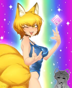 Rule 34 | 1up, 2girls, ;d, alternate costume, animal ears, blonde hair, blush, breasts, female focus, fox ears, fox tail, hat, heaven condition, highres, large breasts, looking at viewer, multiple girls, one-piece swimsuit, one eye closed, open mouth, sharp teeth, slit pupils, smile, spacezin, swimsuit, tail, teeth, touhou, wink, yakumo ran, yakumo yukari, yellow eyes