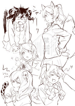 Rule 34 | 5girls, absurdres, animal ears, ayase eli, blazer, bow, bowtie, cardigan, commentary request, food, greyscale, hair bow, headpat, highres, holding, holding food, inazuma (elect line), jacket, kemonomimi mode, koizumi hanayo, kosaka honoka, leopard ears, leopard girl, leopard tail, long sleeves, love live!, love live! school idol project, medium hair, monochrome, multiple girls, nishikino maki, onigiri, open clothes, open jacket, open mouth, otonokizaka school uniform, paw pose, school uniform, tail, twintails, twitter username, watermark, yazawa nico