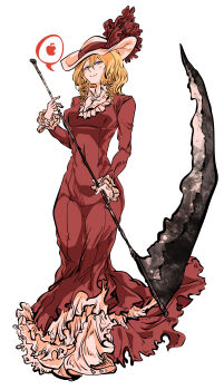 1girl absurdres bad_apple!! blonde_hair blue_eyes breasts dress drill_hair elly_(touhou) frilled_dress frilled_sleeves frills hair_between_eyes hat hat_ribbon highres holding holding_scythe kyanduru long_sleeves medium_breasts medium_hair red_dress red_ribbon ribbon scythe simple_background solo touhou white_background white_hat