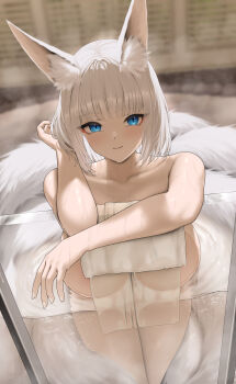 1girl animal_ear_fluff animal_ears azur_lane blue_eyes blunt_bangs blush breasts closed_mouth commentary_request fouriasensei fox_ears fox_girl fox_tail highres kaga_(azur_lane) large_breasts nude paid_reward_available short_hair smile solo steam tail thighs towel water wet white_hair