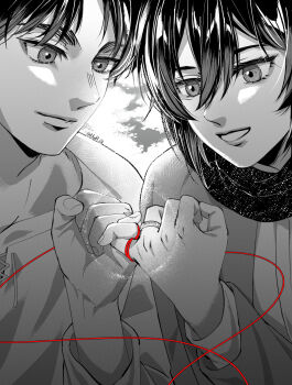 1boy 1girl cardigan closed_mouth eren_yeager hair_between_eyes highres mikasa_ackerman monochrome myym_68 parted_bangs parted_lips pinky_swear scarf shingeki_no_kyojin shirt short_hair smile spot_color string string_of_fate twitter_username upper_body white_shirt