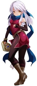 Rule 34 | 1girl, ass, bangle, bare shoulders, black gloves, blue scarf, book, boots, bracelet, brown boots, brown pantyhose, commentary request, dress, elbow gloves, fingerless gloves, fire emblem, fire emblem: radiant dawn, from side, gloves, grey hair, hair between eyes, highres, holding, holding book, jewelry, karukan (monjya), long hair, micaiah (fire emblem), nintendo, orange eyes, pantyhose, pelvic curtain, purple dress, scarf, simple background, solo, standing, standing on one leg, white background