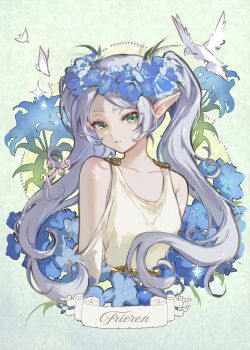 absurdres bare_shoulders beebee1120 bird blue_flower breasts character_name dress elf flower forget-me-not_(flower) frieren green_eyes grey_hair head_wreath highres long_hair looking_at_viewer medium_breasts off-shoulder_dress off_shoulder official_alternate_costume parted_bangs pointy_ears sousou_no_frieren sparkle thick_eyebrows twintails upper_body white_dress