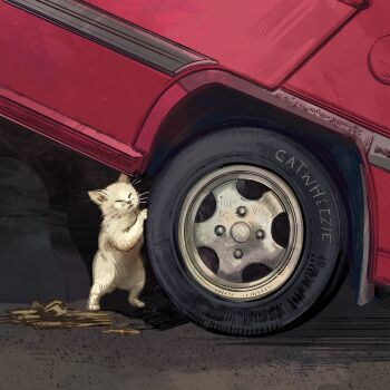 absurdres animal animal_focus artist_name baby_animal car cat catwheezie commentary english_commentary highres kitten motor_vehicle no_humans original outdoors red_car white_cat