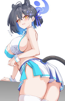 1girl absurdres alternate_costume animal_ears ankomochi142 ass blue_archive blue_hair blue_halo blush breasts cheerleader colored_inner_hair commentary_request extra_ears eyeliner hair_between_eyes hair_bun hair_ornament halo highres kaguya_(blue_archive) large_breasts looking_at_viewer makeup midriff multicolored_hair panther_ears panther_girl panther_tail panties red_eyeliner sideboob single_hair_bun solo tail tassel tassel_hair_ornament thighhighs underwear white_panties white_thighhighs yellow_eyes