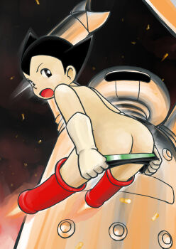 1boy android artist_request ass ass_focus atom_(tetsuwan_atom) battle black_eyes black_hair boots bright_pupils butt_crack clothes_pull fighting flying glaring gloves highres looking_back male_focus mecha mooning no_humans open_mouth red_footwear retro_artstyle robot rocket_boots science_fiction short_hair shorts shorts_pull shota testicles tetsuwan_atom topless_male white_gloves white_pupils