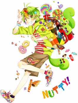 1boy backpack bag bracelet candy candy_apple candy_cane cargo_shorts character_name chocolate chocolate-covered_food chocolate_banana chocolate_bar colorful commentary_request crazy_eyes donut food green_eyes green_hair green_jacket happy_tree_friends humanization jacket jewelry kanako_(hiroko) kitkat lollipop m&amp;m's macaron nutty_(happy_tree_friends) running shirt shoes shorts simple_background sneakers solo squirrel squirrel_tail starbursts striped_clothes striped_shirt swirl_lollipop tail white_background