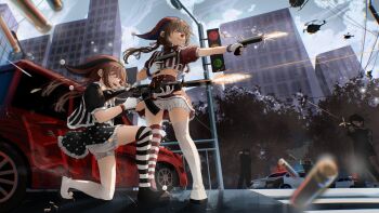 2girls absurdres aircraft asymmetrical_legwear black_shirt black_skirt bloomers blue_sky brown_hair car city clown_nose commentary day english_commentary evil_neuro-sama firing from_below from_side grin gun hat helicopter highres holding holding_gun holding_weapon jester_cap kan1360 kneeling long_hair low_twintails mismatched_legwear motor_vehicle multiple_girls neuro-sama open_mouth outdoors people police police_car polka_dot polka_dot_skirt power_lines puffy_short_sleeves puffy_sleeves red_nose red_skirt shirt short_sleeves siblings sisters skirt sky smile striped_clothes striped_shirt striped_thighhighs thighhighs traffic_light tree twins twintails underwear vedal_ai vertical-striped_clothes vertical-striped_shirt virtual_youtuber weapon white_bloomers white_thighhighs wide_shot