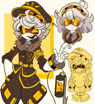 1boy 1girl android armband black_hairband black_jacket face_filter grey_hair hairband hat highres humanoid_robot jacket machine mechanical_arms murder_drones n_(murder_drones) open_mouth robot robot_girl screen sd_dja short_hair smile tail v_(murder_drones) white_hair yellow_armband yellow_eyes