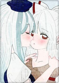 2girls absurdres blue_hair blue_hat blunt_bangs blush bow closed_eyes commentary fujiwara_no_mokou hair_bow hakunemui hands_on_another&#039;s_shoulders hat highres imminent_kiss kamishirasawa_keine long_hair looking_at_viewer multiple_girls red_eyes straight_hair touhou upper_body very_long_hair watermark white_bow white_hair yuri