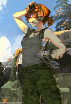 1girl bandaid bandaid_on_arm bare_arms bare_shoulders belt blue_eyes blue_sky blurry breasts brooke_(mleth) brown_gloves brown_hair camouflage camouflage_pants chest_harness cloud cloudy_sky collarbone commentary cowboy_shot depth_of_field dirty dirty_face english_commentary freckles gloves green_pants green_tank_top hair_tie hand_on_own_hip harness headphones headset highres holding holding_wrench medium_breasts military_combat_uniform military_jeep military_uniform mleth motor_vehicle original outdoors pants patreon_username ponytail short_hair short_ponytail simple_bird sky solo standing sweat tank_top tree twitter_username wiping_sweat wrench