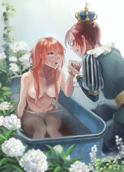 2girls alternate_hairstyle bad_id bad_pixiv_id bathtub blue_crown blue_eyes brown_hair chrysanthemum ckfji collarbone comforting completely_nude crown crying crying_with_eyes_open emaciated flower glasses gold_crown gradient_background hair_between_eyes hair_censor hair_over_breasts high-waist_skirt holding_hands in_bathtub kneeling lilac long_hair long_sleeves looking_at_another makinami_mari_illustrious multiple_girls neck_ruff neon_genesis_evangelion no_pussy nude open_mouth orange_hair prince rebuild_of_evangelion red-framed_eyewear rescue skirt smile souryuu_asuka_langley streaming_tears striped_sleeves tears twintails vest waistcoat white_flower yuri