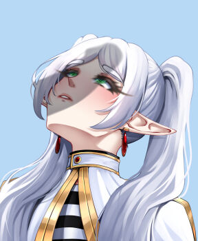 1girl absurdres blue_background elf frieren green_eyes highres karma3009 looking_up meme parted_lips penis_awe penis_shadow pointy_ears simple_background solo sousou_no_frieren upper_body upward_angle_frieren_drawing_(meme) white_hair
