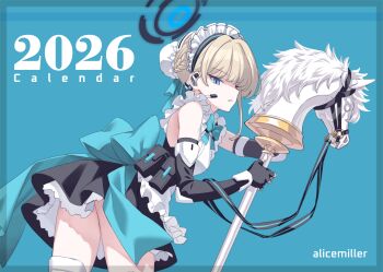 1girl 2026 apron bare_shoulders black_dress black_gloves blonde_hair blue_archive blue_eyes blue_ribbon bow bowtie braid breasts bun_cover chest_harness dress earpiece elbow_gloves fingerless_gloves gloves hair_bun hair_ribbon halo harness highres looking_at_viewer looking_back maid_headdress matsuryuu medium_breasts pouch ribbon short_dress short_hair single_hair_bun sleeveless sleeveless_dress solo thighs toki_(blue_archive) white_apron