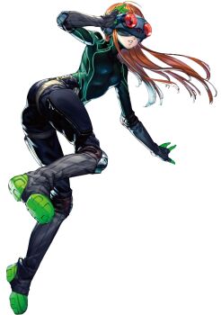 10s 1girl adjusting_eyewear bodysuit boots brown_hair female_focus full_body goggles green_boots grey_socks hair_spread_out hand_on_eyewear kneehighs long_hair lossy-lossless official_art oracle_(persona_5) persona persona_5 sakura_futaba socks soejima_shigenori solo stirrup_legwear thigh_strap toeless_legwear transparent_background