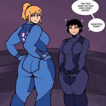 2girls absurdres anger_vein ass black_hair blonde_hair blue_bodysuit bodysuit breasts cdlum cropped_legs half-closed_eyes highres huge_ass large_breasts metroid multiple_girls nintendo samus_aran short_hair skin_tight standing thick_thighs thighs zero_suit