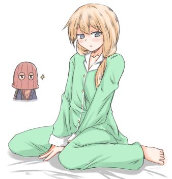 2girls barefoot blonde_hair blush breasts carla_j._luksic cleavage collarbone federica_n._doglio grey_eyes hakusen-hiki long_hair long_sleeves mask multiple_girls noble_witches open_mouth pajamas pants simple_background sitting ski_mask solo_focus sparkle strike_witches strike_witches:_kurenai_no_majo-tachi twintails white_background world_witches_series