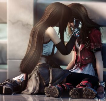 2girls 3d aerith_gainsborough boots bracelet breasts brown_hair closed_eyes cropped_jacket death dress final_fantasy final_fantasy_vii final_fantasy_vii_remake fingerless_gloves forgotten_city full_body gloves hair_down highres jacket jewelry kneeling large_breasts long_hair low-tied_long_hair multiple_girls pink_dress red_jacket ria-neearts shirt sitting skirt square_enix suspender_skirt suspenders thighhighs tifa_lockhart white_shirt