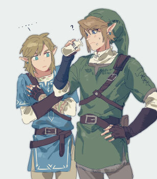 ... 2boys ? belt blue_tunic bottle brown_belt closed_mouth commentary_request crossed_arms dual_persona earrings fingerless_gloves food food_on_face gloves green_hat green_tunic grey_background hand_on_own_hip hat highres jewelry link male_focus milk milk_bottle multiple_boys nintendo pointy_ears simple_background spoken_ellipsis sumooo_(ga_ilil) the_legend_of_zelda the_legend_of_zelda:_breath_of_the_wild the_legend_of_zelda:_skyward_sword tunic