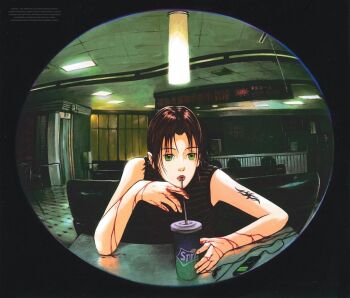 1girl arm_tattoo black_tank_top blood blood_on_arm blood_on_hands brown_hair cup mp3_player diner disposable_cup drinking fisheye green_eyes highres original shyzzzi solo sprite_(drink) table tank_top tattoo upper_body
