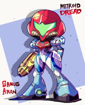 Rule 34 | 1girl, arm cannon, armor, assault visor, character name, chibi, commentary request, copyright name, full armor, highres, metroid, metroid dread, multicolored armor, nintendo, normal suit (metroid), power armor, power suit (metroid), samus aran, sato-san, simple background, weapon