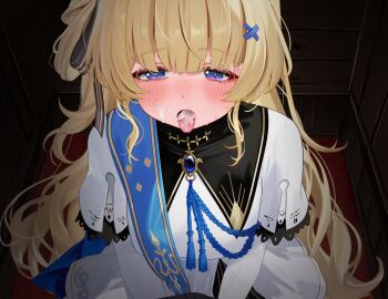 1boy 1girl after_fellatio blonde_hair blue_sash blush breasts commentary_request confessional cum cum_in_mouth cum_on_body facial fingernails hairband highres indoors large_variant_set long_hair long_sleeves looking_at_viewer mako_(makoda) male_rover_(wuthering_waves) medium_breasts no_headwear nose_blush open_mouth paid_reward_available phoebe_(wuthering_waves) pov purple_eyes rover_(wuthering_waves) sash shirt skirt solo_focus tears tongue tongue_out variant_set very_long_hair white_hairband white_shirt white_skirt wuthering_waves