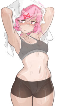 1girl absurdres armpits bare_shoulders blush breasts commentary doki_doki_literature_club emiillb english_commentary gym_shorts hair_ribbon highres holding holding_towel natsuki_(doki_doki_literature_club) navel pink_eyes pink_hair red_ribbon ribbon shorts small_breasts solo sweat sweatdrop tan tanline towel twitter_username white_background