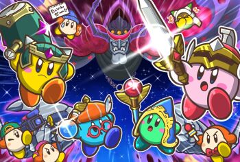 2boys angry beam_mage_(team_kirby_clash) beanie channel_ppp doctor_healmore_(team_kirby_clash) green_headwear hammer_lord_(team_kirby_clash) hat headphones helmet japanese_text jitome kirby kirby_(series) magolor multiple_boys nightmare nightmare_(kirby) nintendo no_humans notepad potion rayman_limbs shopkeeper_magolor staff super_kirby_clash sword sword_hero_(team_kirby_clash) team_kirby translated video_camera waddle_dee waving_arm weapon