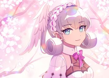 1girl blue_eyes braid breasts cherry_blossoms closed_mouth commentary crown_braid english_commentary enni feathered_wings grey_hair hairband head_wings looking_at_viewer medium_breasts melia_antiqua o-ring petals pink_ribbon ribbon smile solo upper_body white_wings wings xenoblade_chronicles_(series) xenoblade_chronicles_1