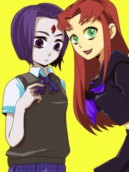 2girls alternate_costume bindi cartoon_network colored_skin dc_comics female_focus green_eyes grey_skin long_hair multiple_girls nobumichi purple_eyes purple_hair raven_(dc) red_hair school_uniform short_hair starfire sweater_vest teen_titans