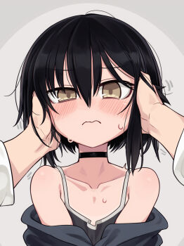 1boy 1girl bare_shoulders black_camisole black_choker black_hair blush camisole choker closed_mouth collarbone hands_on_another&#039;s_cheeks hands_on_another&#039;s_face looking_at_viewer null_(nyanpyoun) off_shoulder original pov pov_hands short_hair simple_background solo_focus straight-on sweatdrop v-shaped_eyebrows yellow_eyes